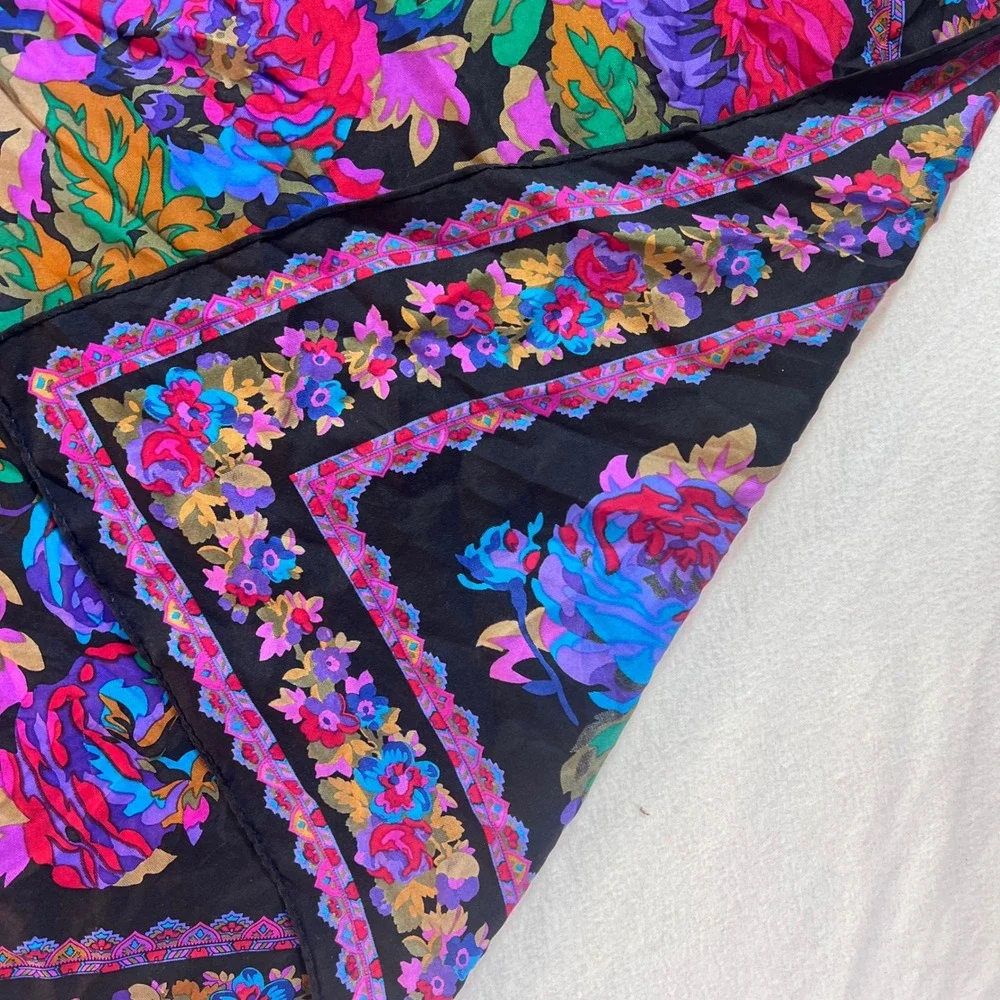 Vintage Floral Square Scarf Black Blue Pink Rose Print Large 34x34 Retro Shawl